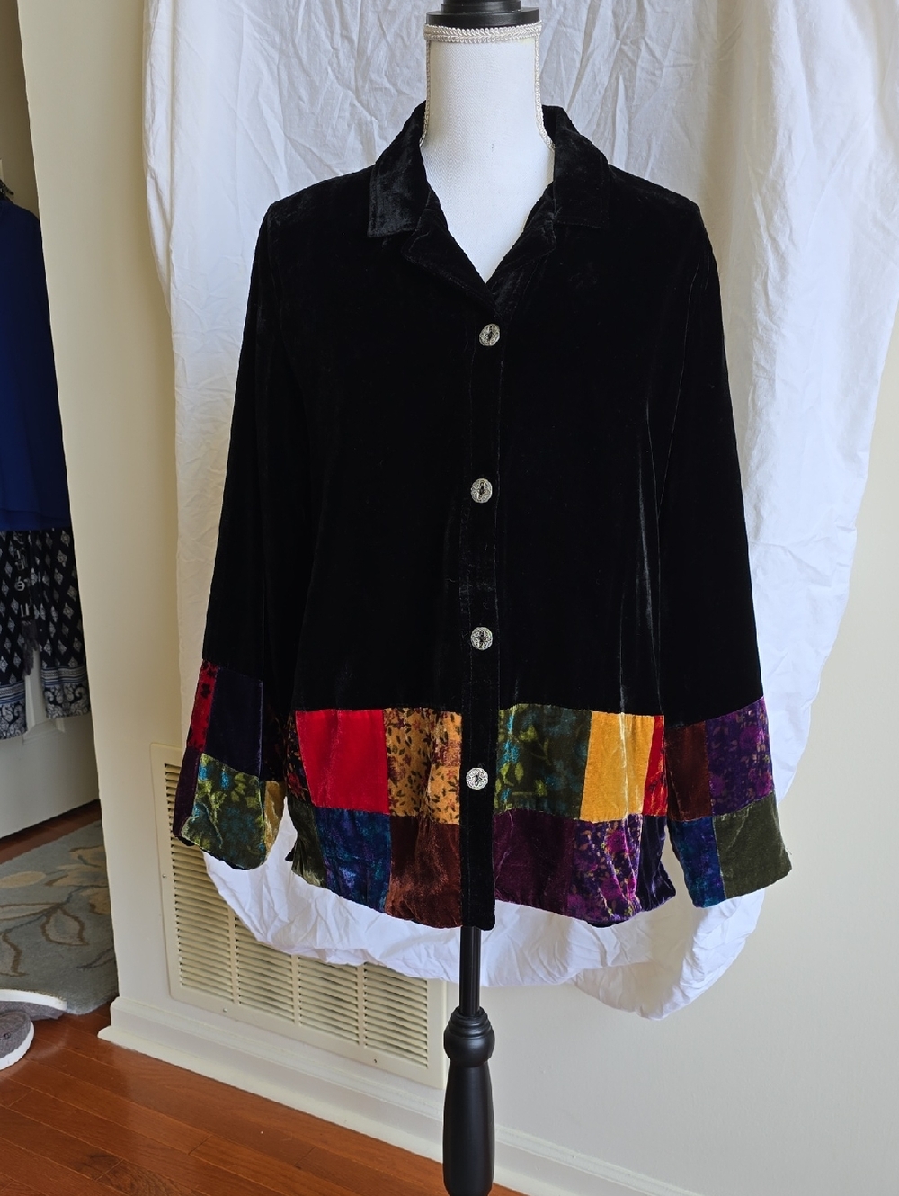 Velvet Patchwork Button-Front Women’s Top - Black Multi